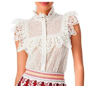 ALICE + OLIVIA MARIAN EMBROIDERED EYELET & RUFFLE SLEEVELESS BLOUSE Size:M